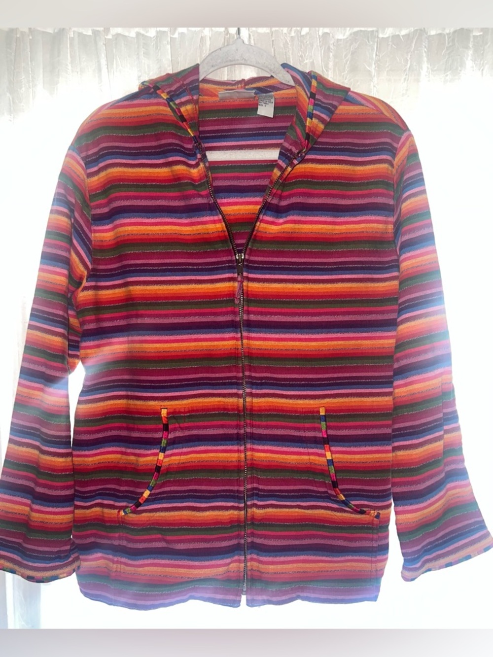 Chico's Design 90s Rainbow Striped Knit Zip Front Jacket w/ Hood Sz L